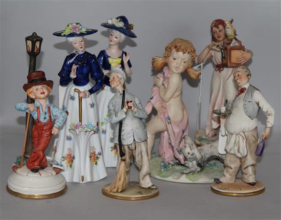 Five Capodimonte figures and a pair of modern Sitzendorf elegant ladies,